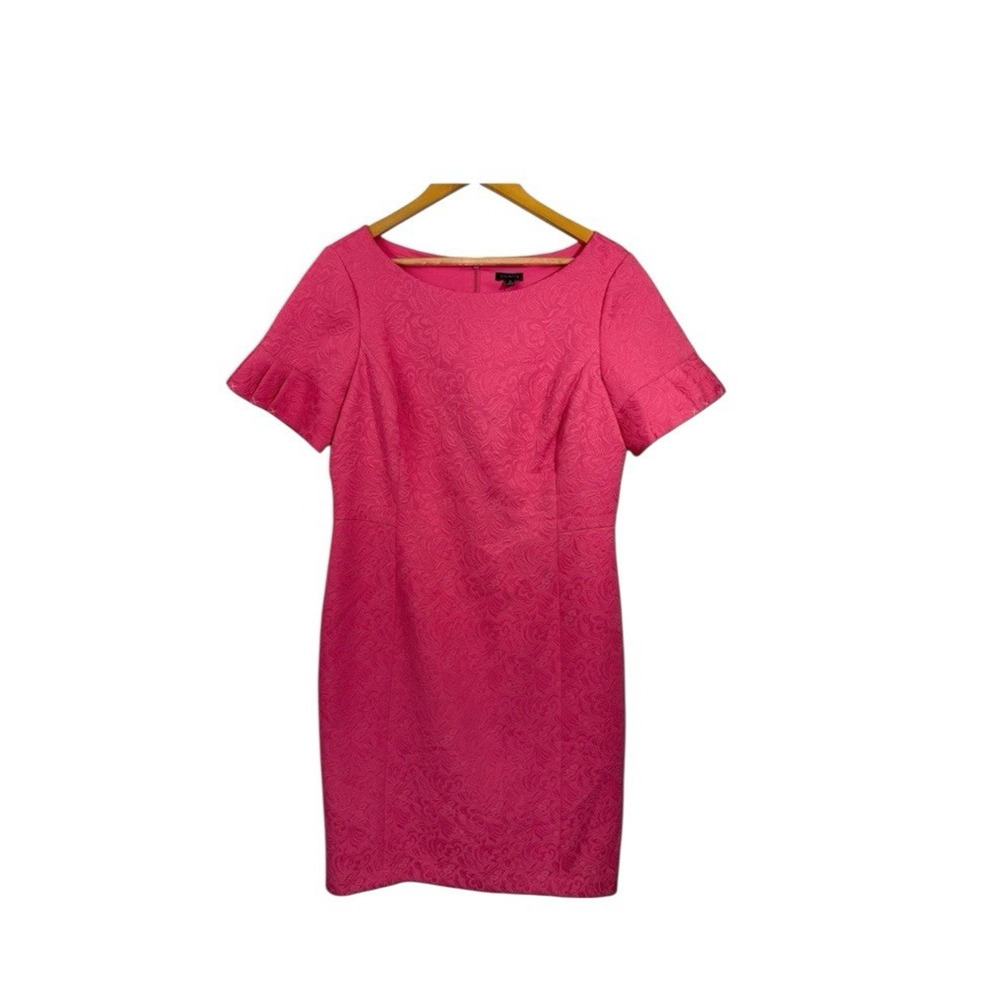Talbots Womens 14P‎ Petite Plus Short Sleeve Pink Jacquard Sheath Cocktail Dress